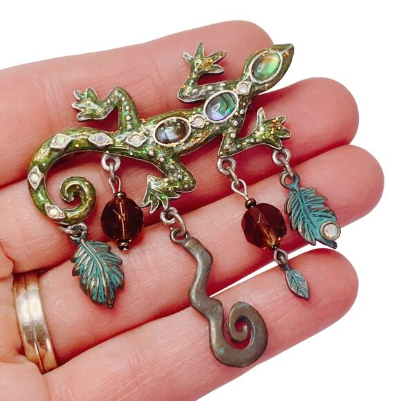 Vintage Green Enamel Gecko Lizard Brooch Abalone Shell Inlay Dangle Figural Pin - Picture 4 of 10